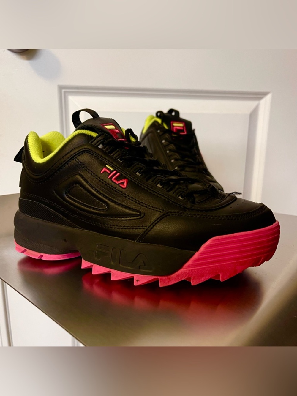 FILA Black Leather platform Sneakers with Hot Pink and Neon Lime 7